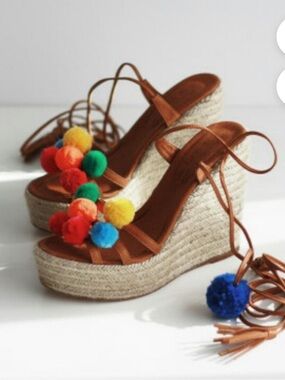 Brown Espadrille Wedge Sandals with Multicolor Pom Poms